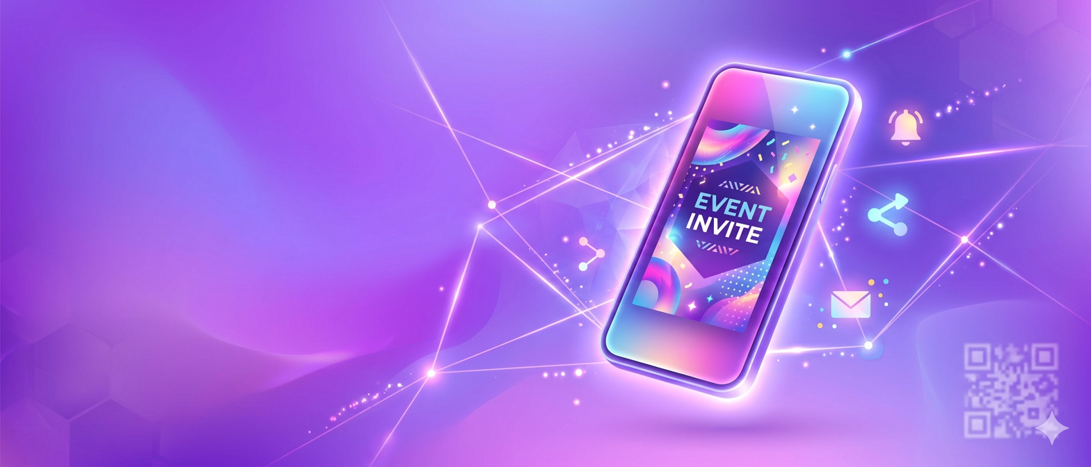 Como criar convite online — smartphone com tela de convite digital, ícones de compartilhamento e QR Code