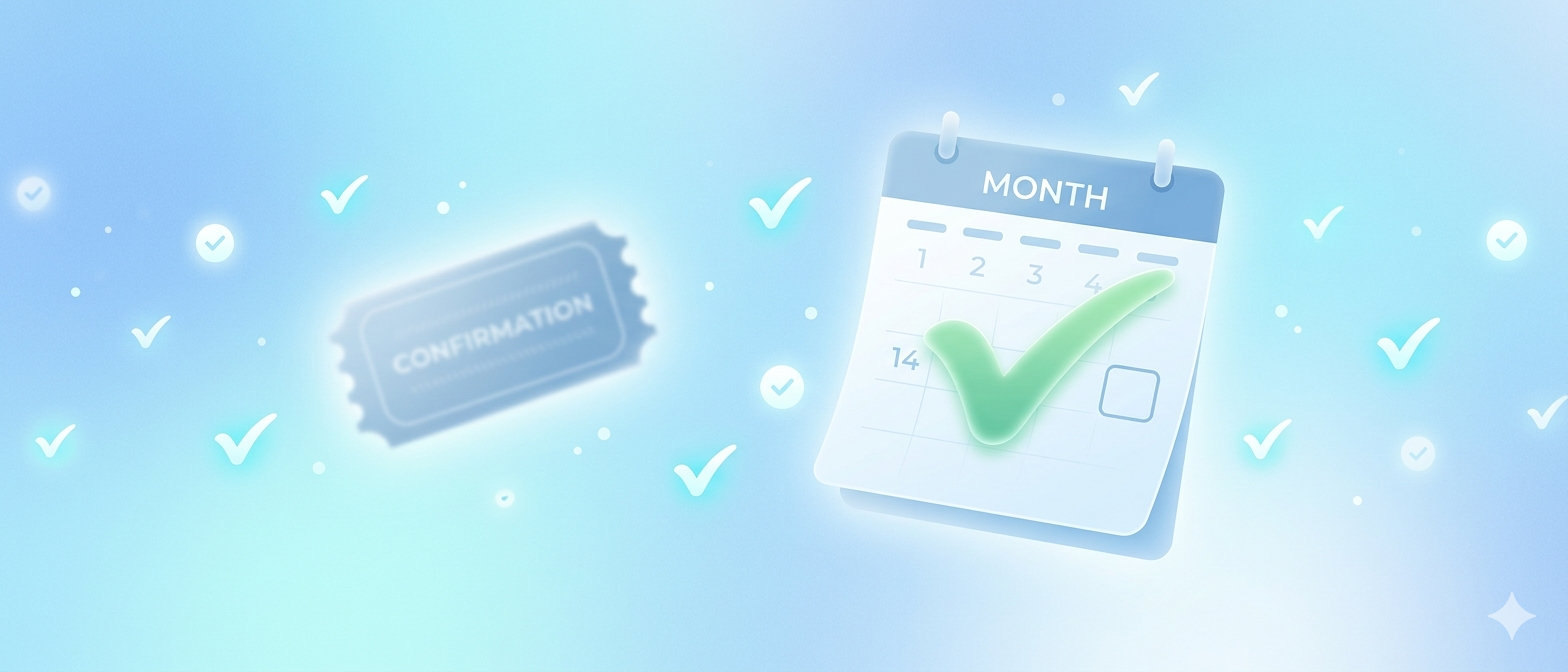 RSVP e confirmação de presença online — ícone de check, calendário de evento e smartphone com tela de confirmação