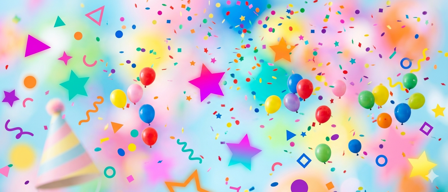 Convite de aniversário infantil — balões coloridos, bolo de aniversário, confetes e elementos divertidos para festa de criança