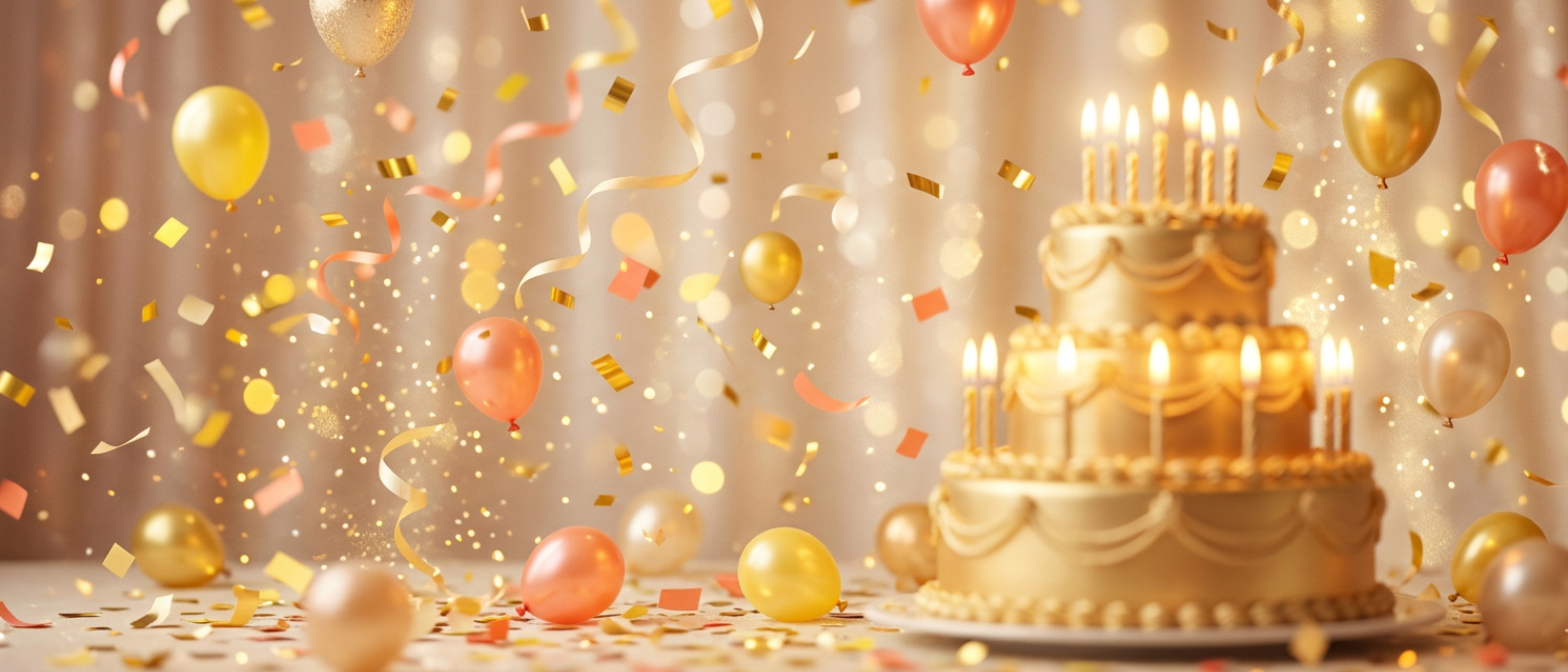 Textos para convite de aniversário — bolo com velas, balões coloridos e elementos decorativos de festa