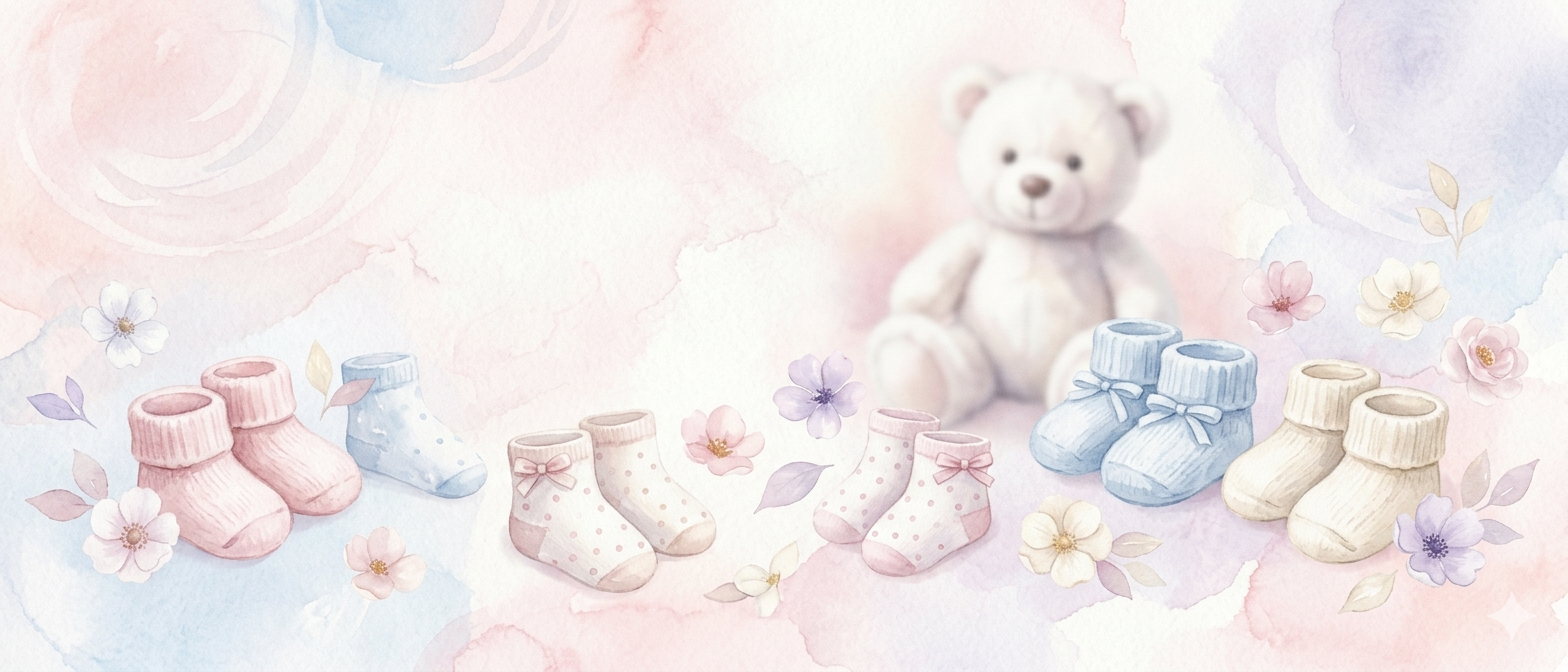 Frases para convite de chá de bebê — meias de bebê, ursinho de pelúcia, flores e elementos em tons de rosa e azul pastel