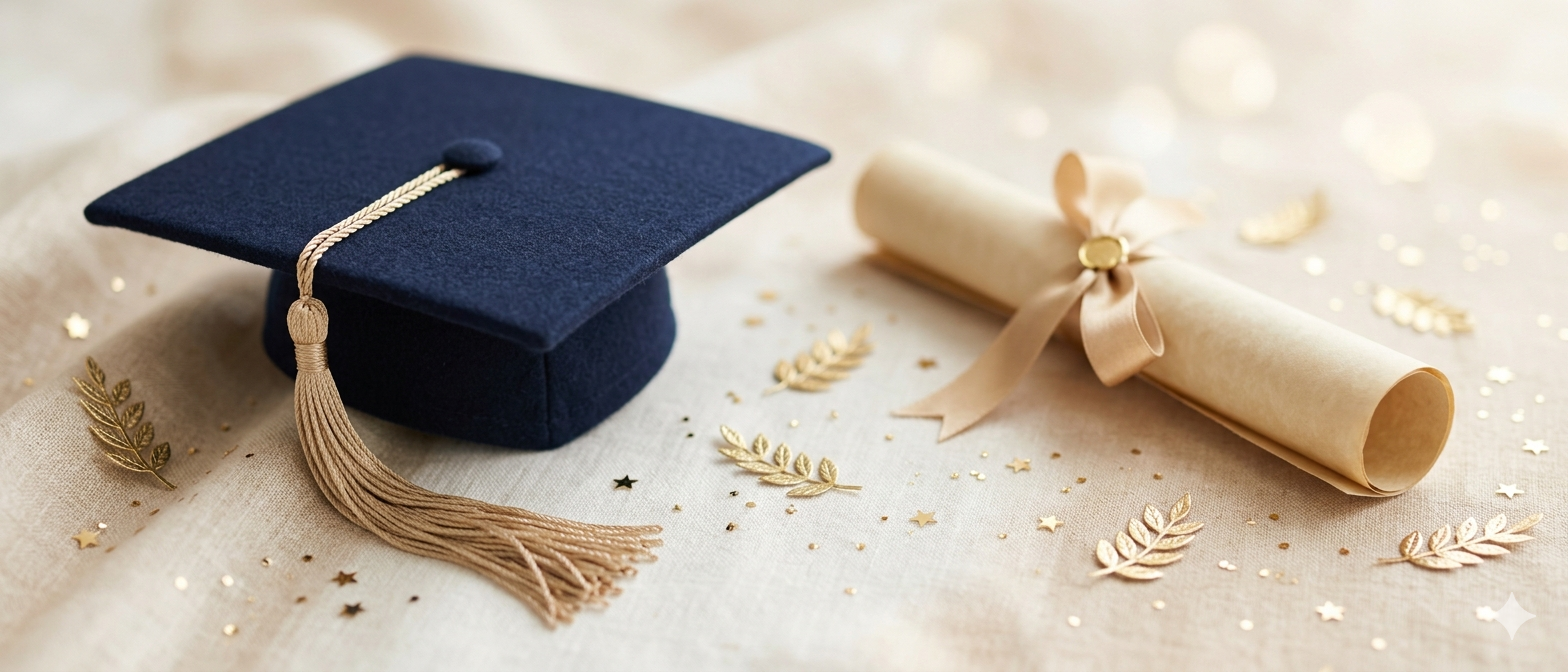 Textos para convite de formatura — capelo de formatura, diploma enrolado, flores e elementos dourados elegantes